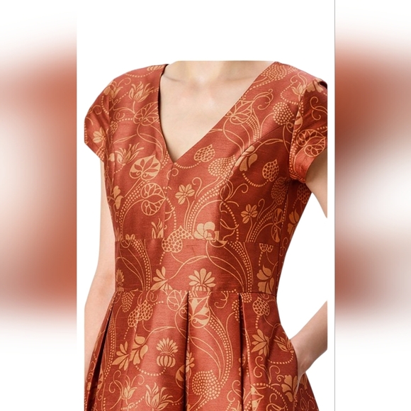 eShakti Floral print dupioni pleated empire dress sz 1X rust gold floral maxi - Picture 2 of 11